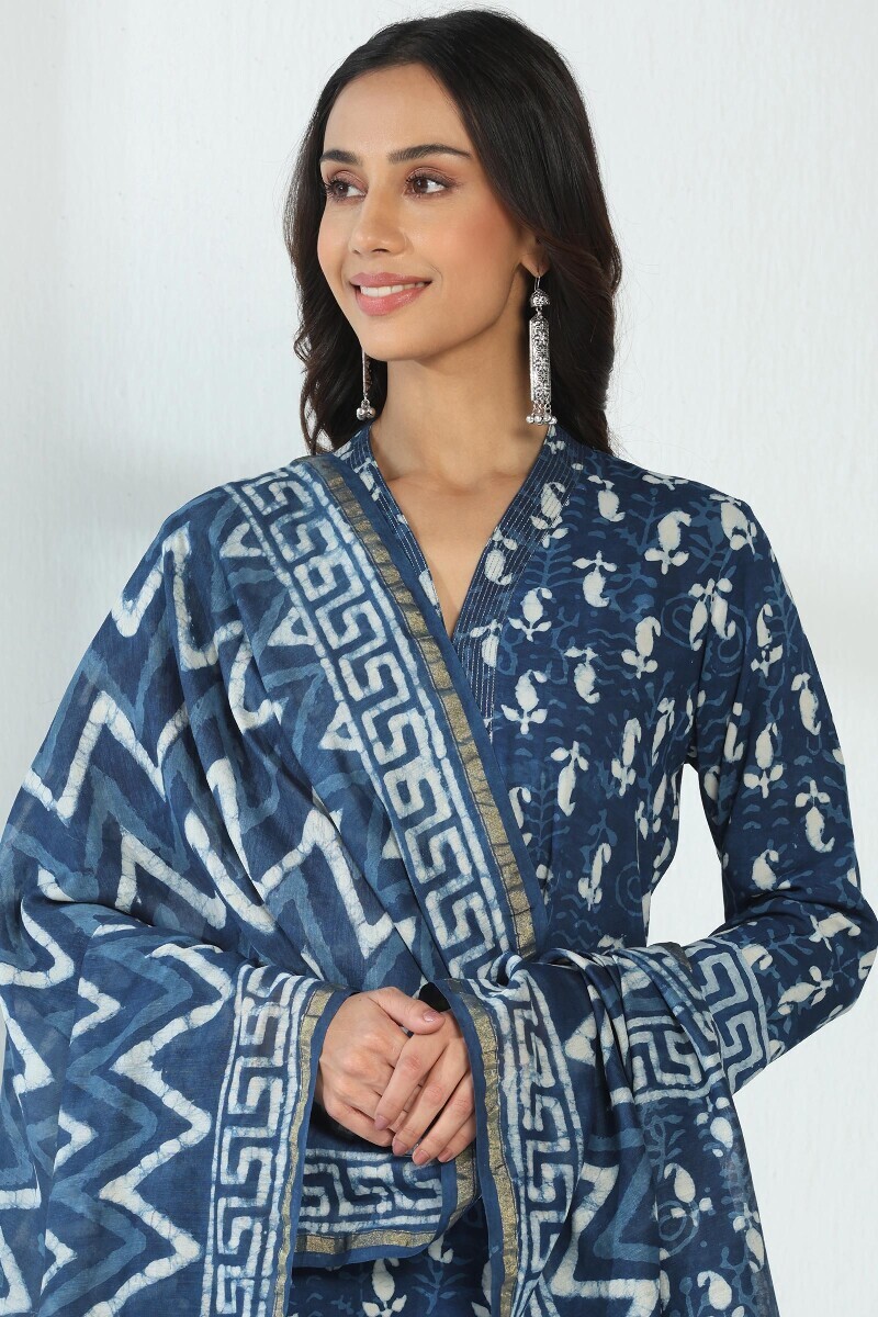 Indigo Hand Block Printed Chanderi Dupatta
