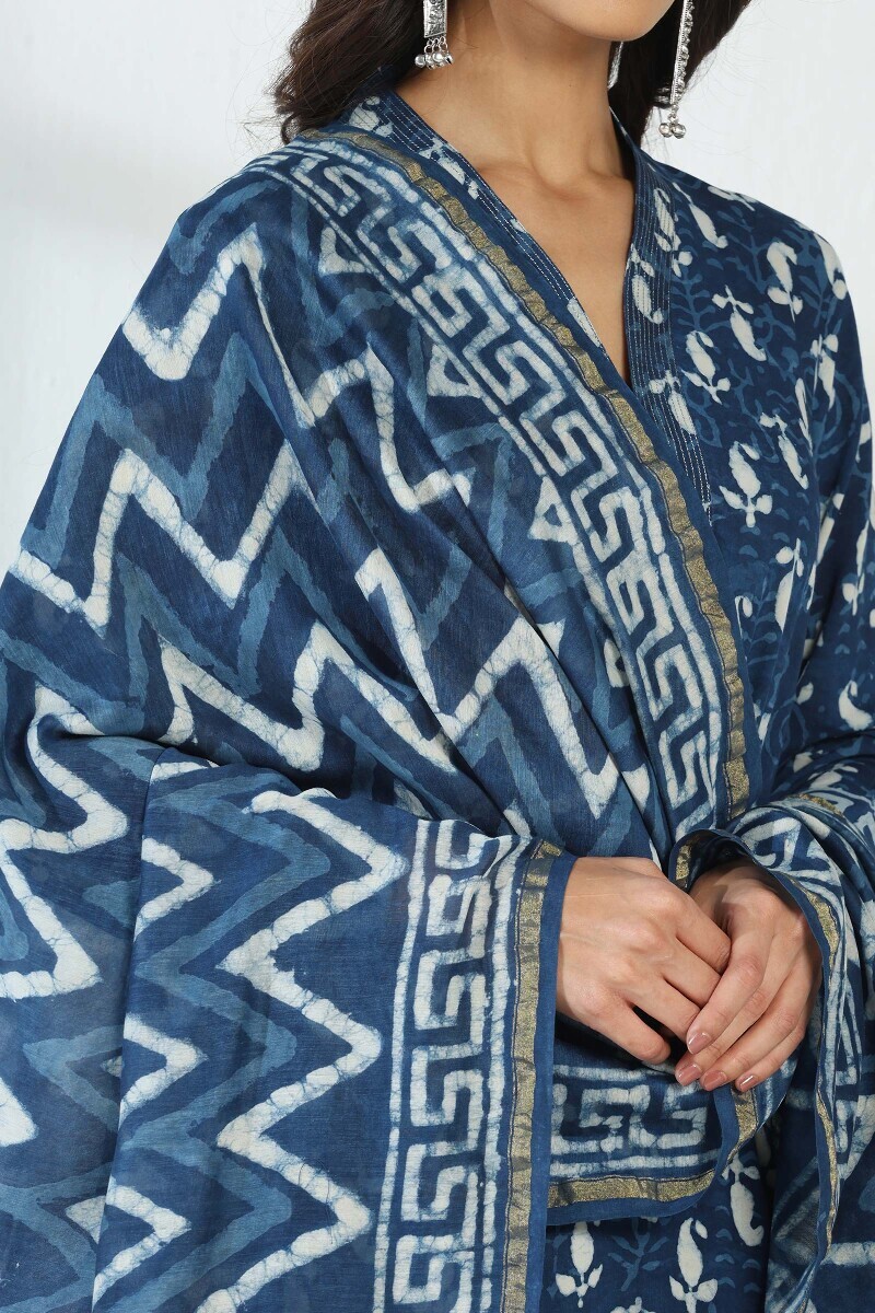 Indigo Hand Block Printed Chanderi Dupatta