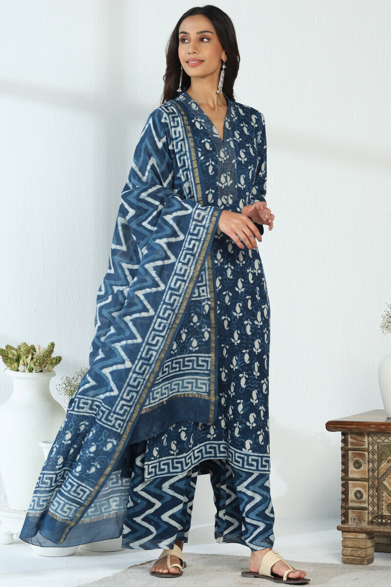 Indigo Hand Block Printed Chanderi Dupatta