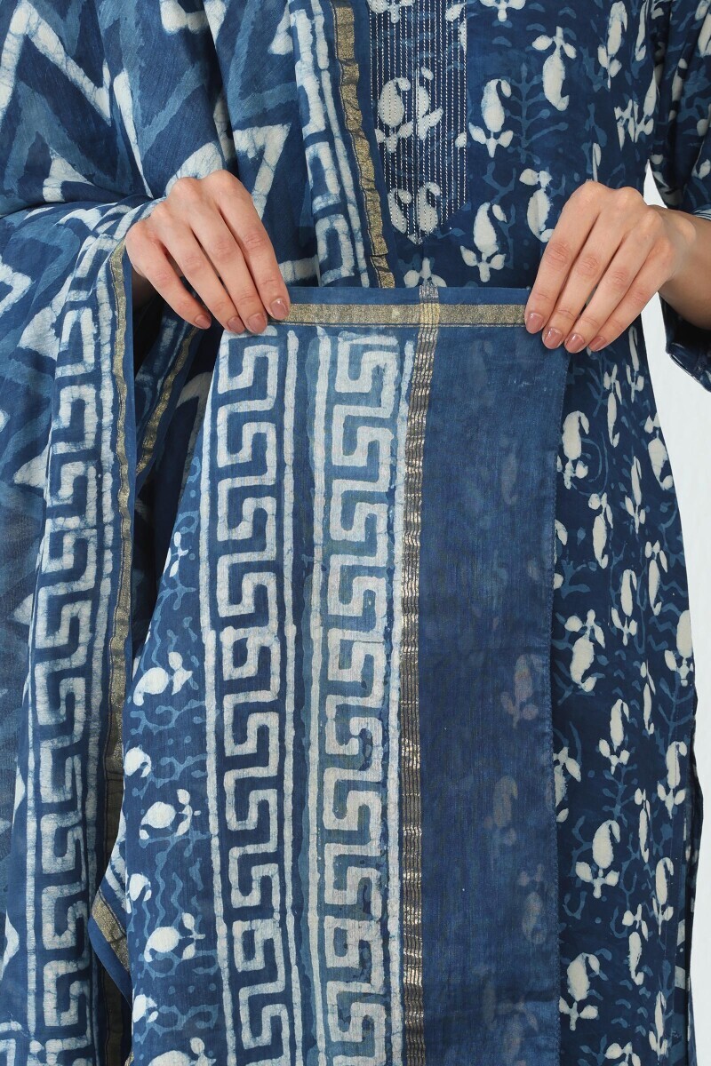 Indigo Hand Block Printed Chanderi Dupatta