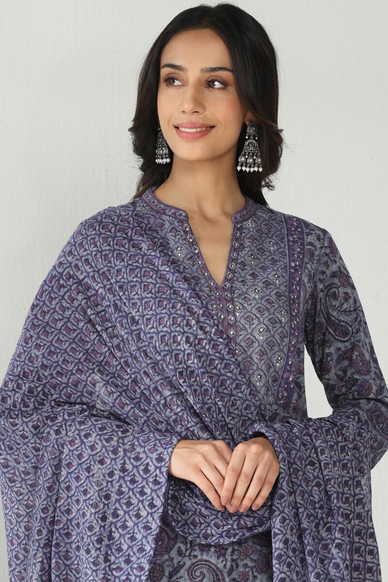 Purple Hand Block Printed Kota Dupatta