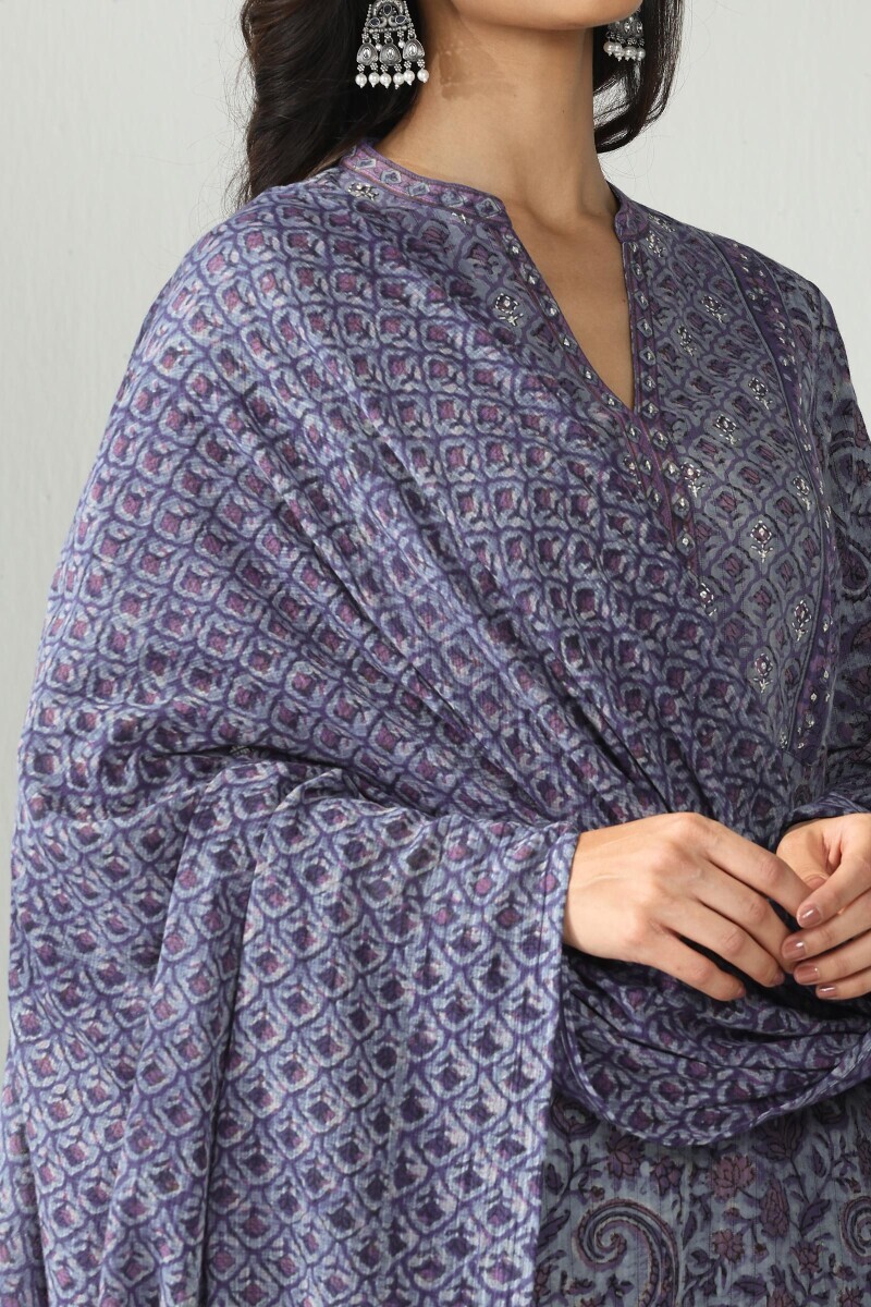 Purple Hand Block Printed Kota Dupatta