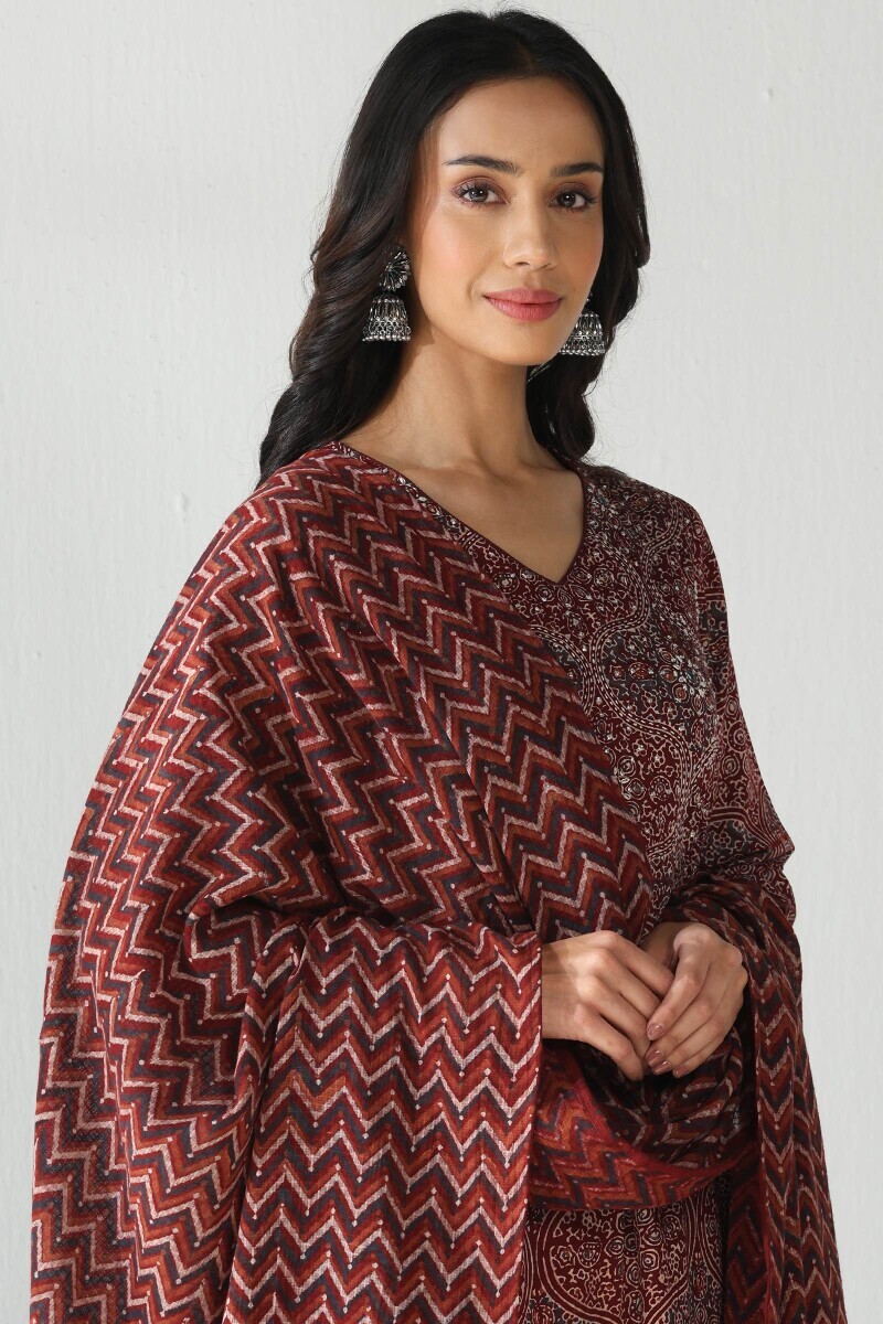 Maroon Hand Block Printed Kota Dupatta