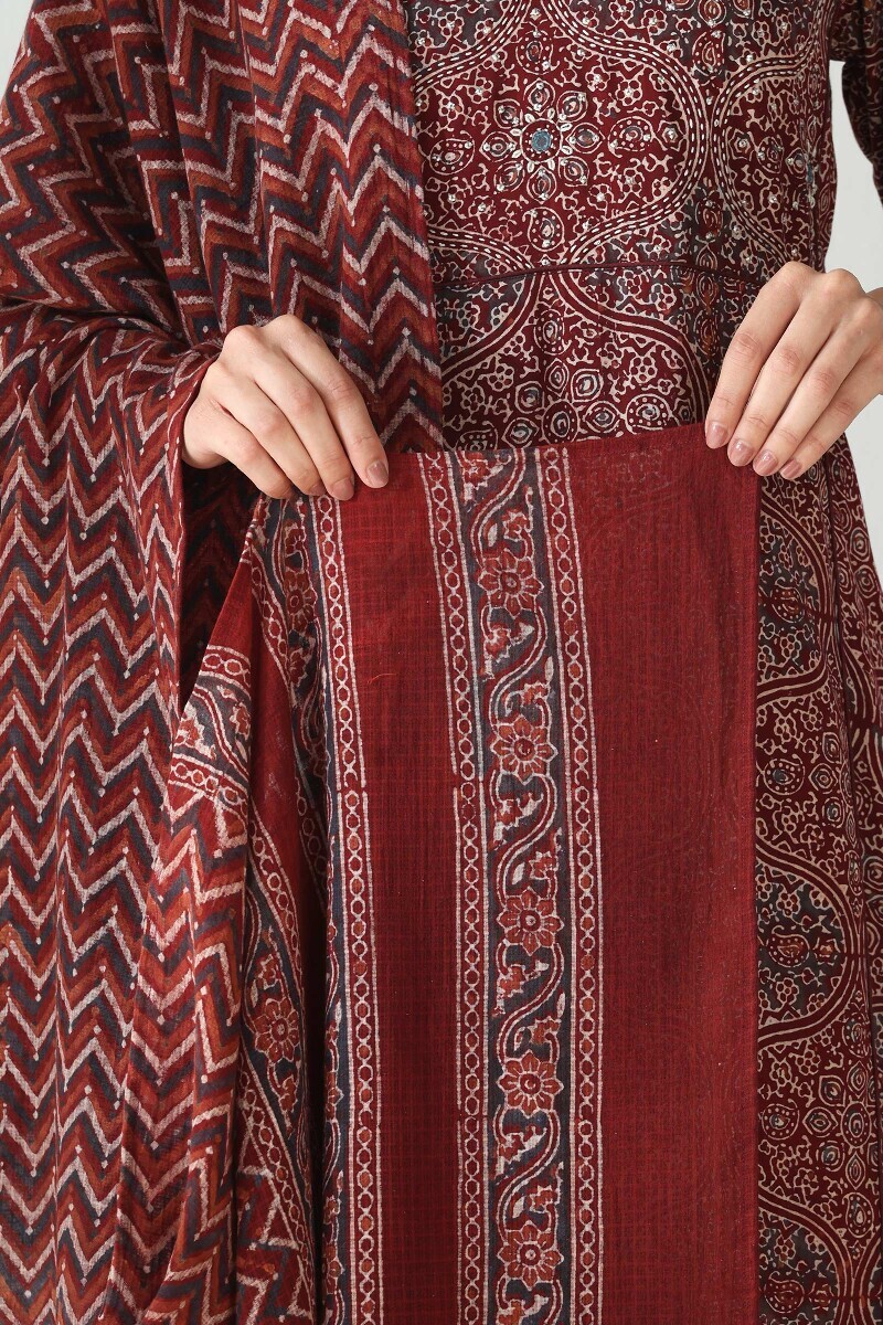 Maroon Hand Block Printed Kota Dupatta