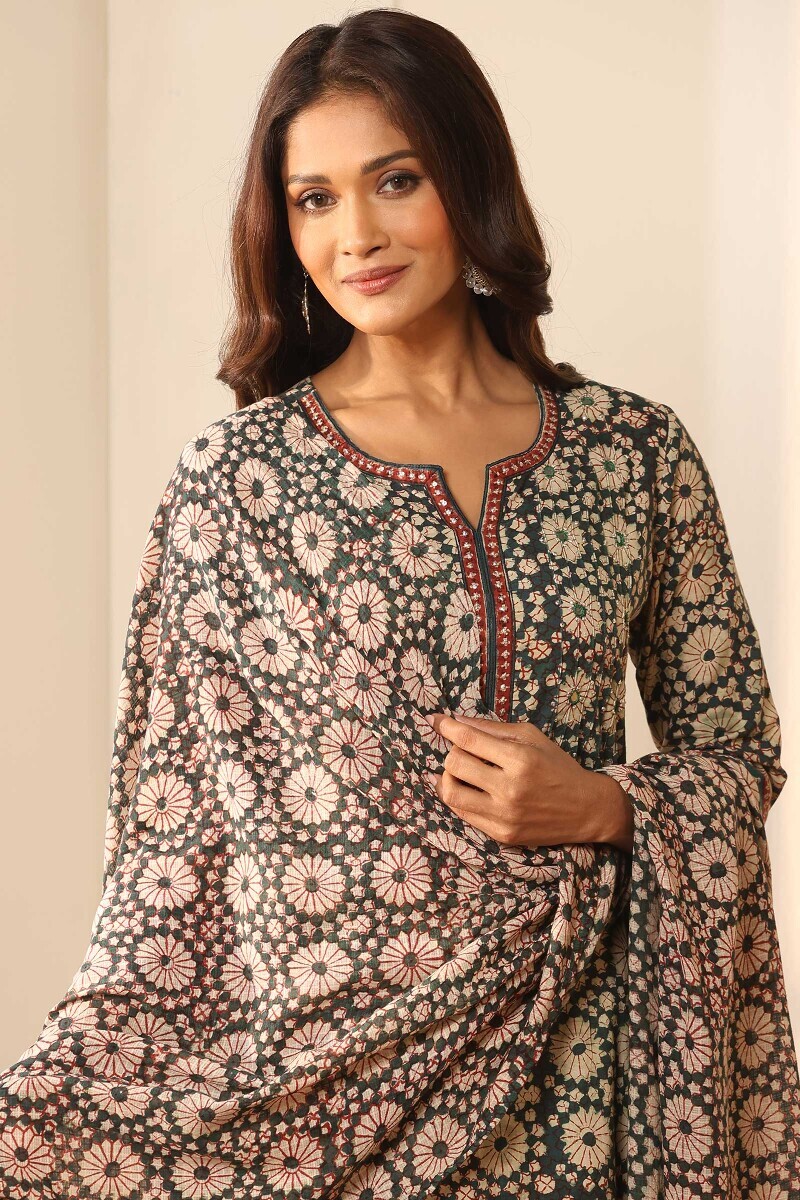 Green Hand Block Printed Kota Dupatta