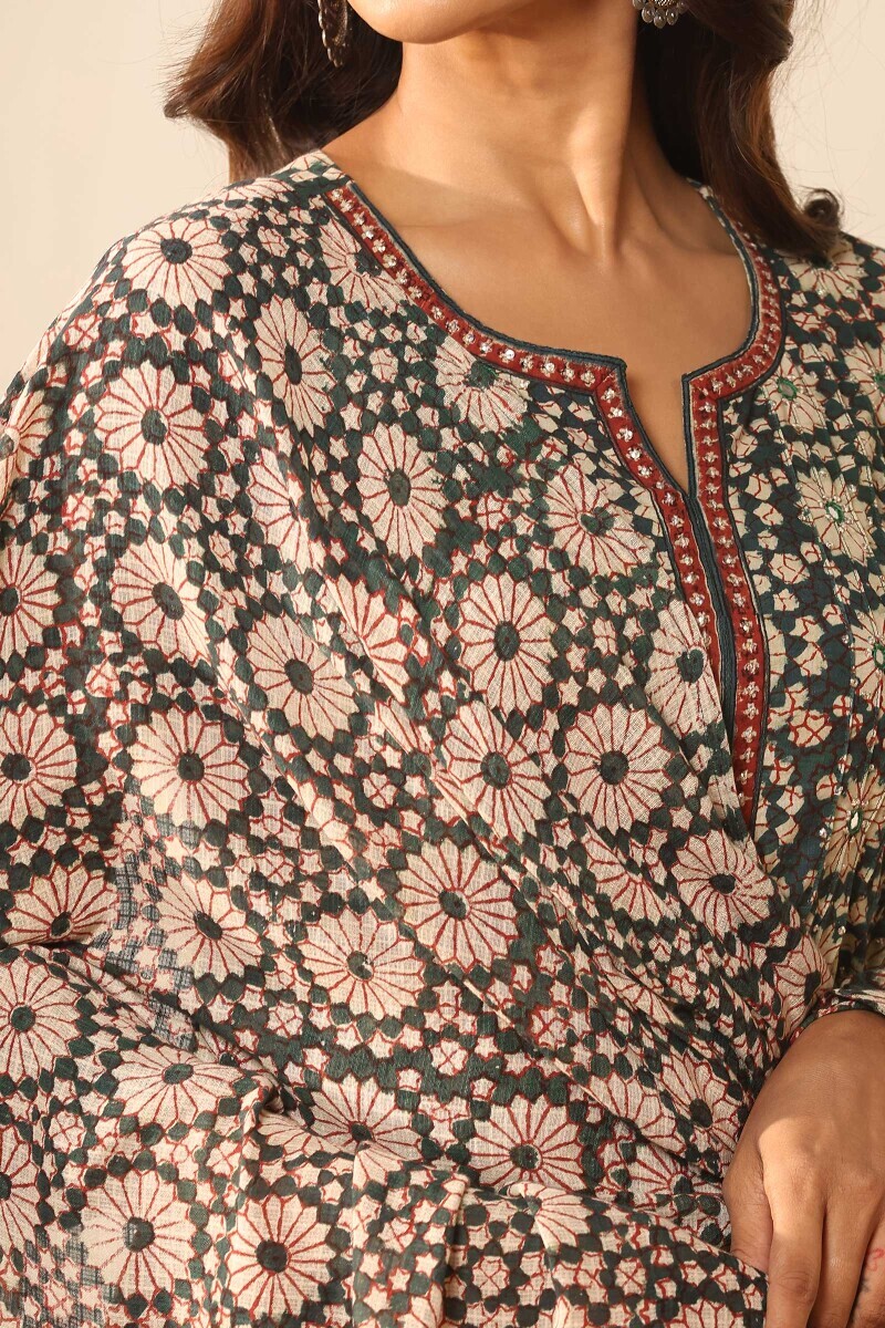 Green Hand Block Printed Kota Dupatta