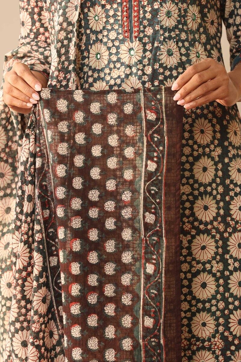 Green Hand Block Printed Kota Dupatta
