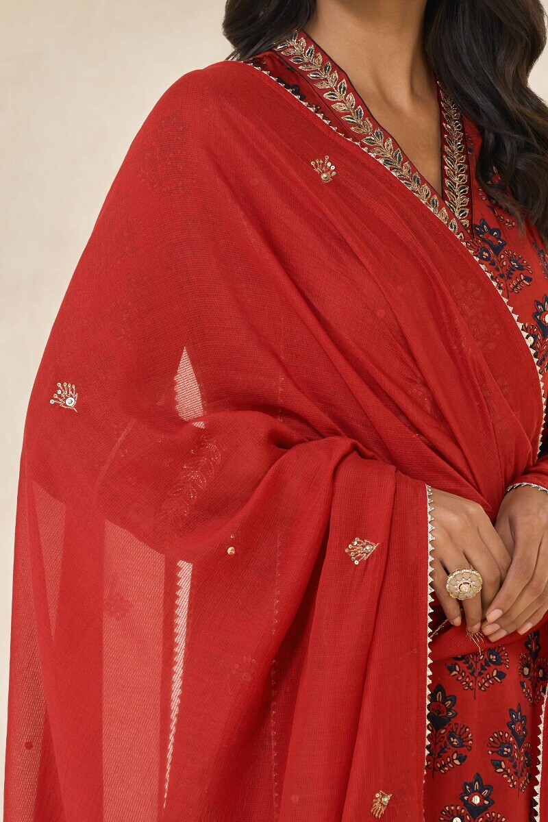 Red Handcrafted Tabby Check Dupatta