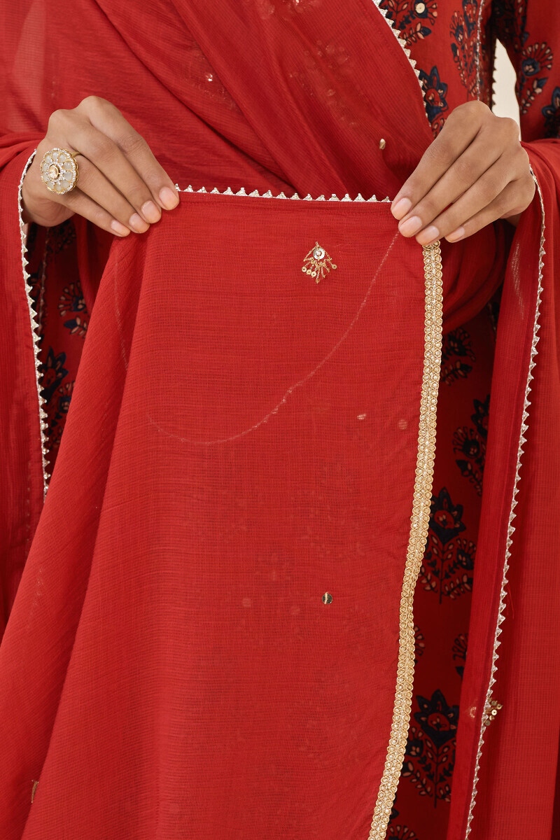 Red Handcrafted Tabby Check Dupatta