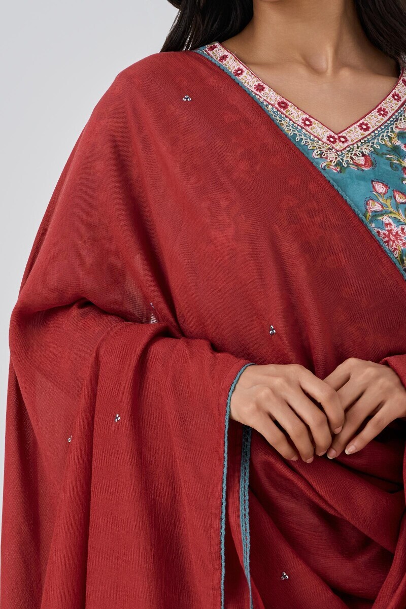 Red Handcrafted Tabby Check Dupatta
