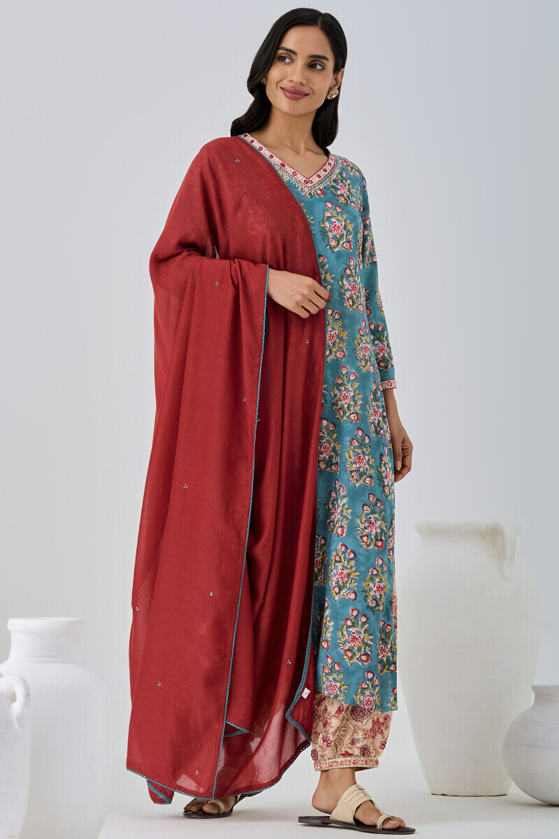 Red Handcrafted Tabby Check Dupatta