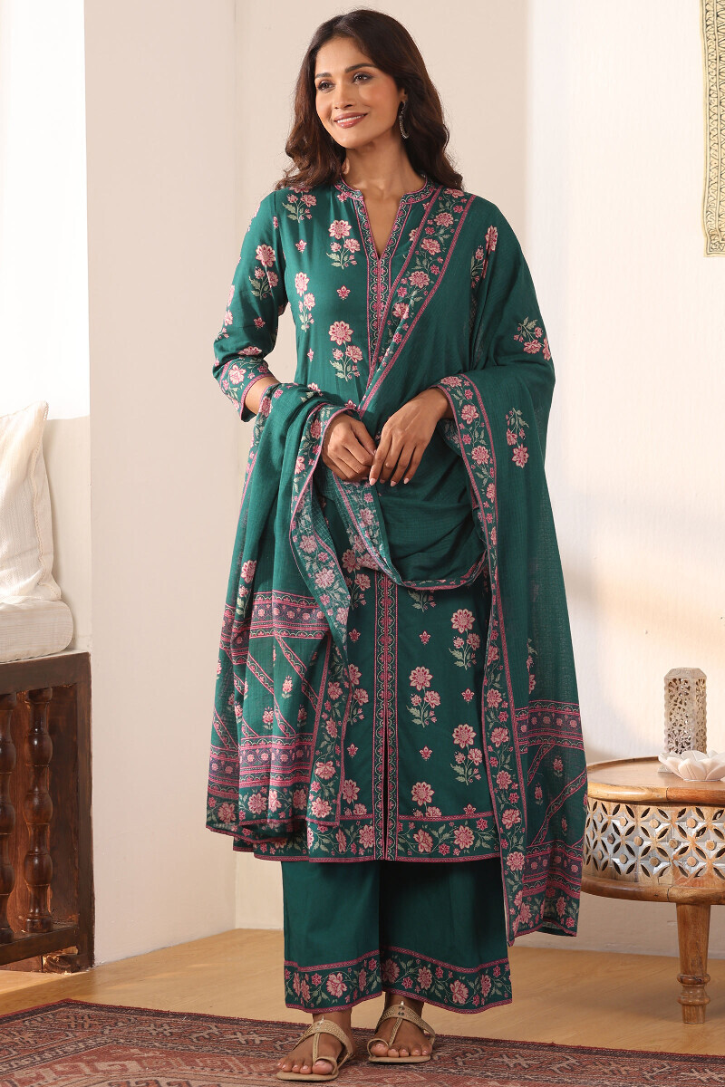 Teal Printed Kota Dupatta