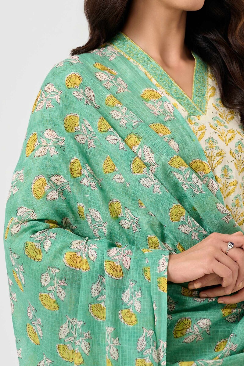 Green Hand Block Printed Kota Dupatta