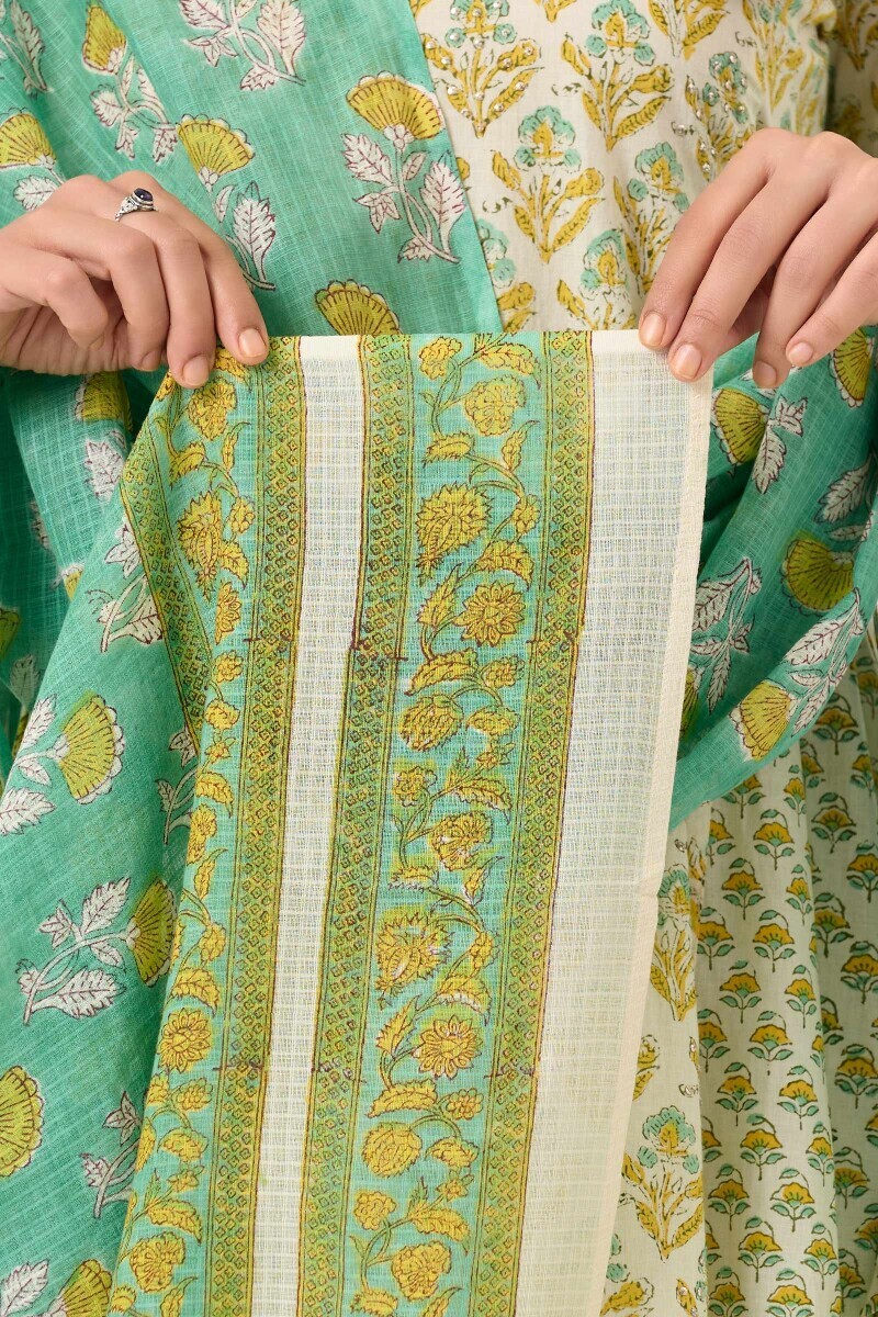 Green Hand Block Printed Kota Dupatta