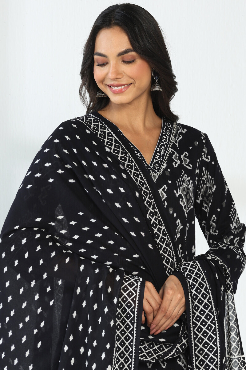 Black Hand Block Printed Cotton Mul Dupatta