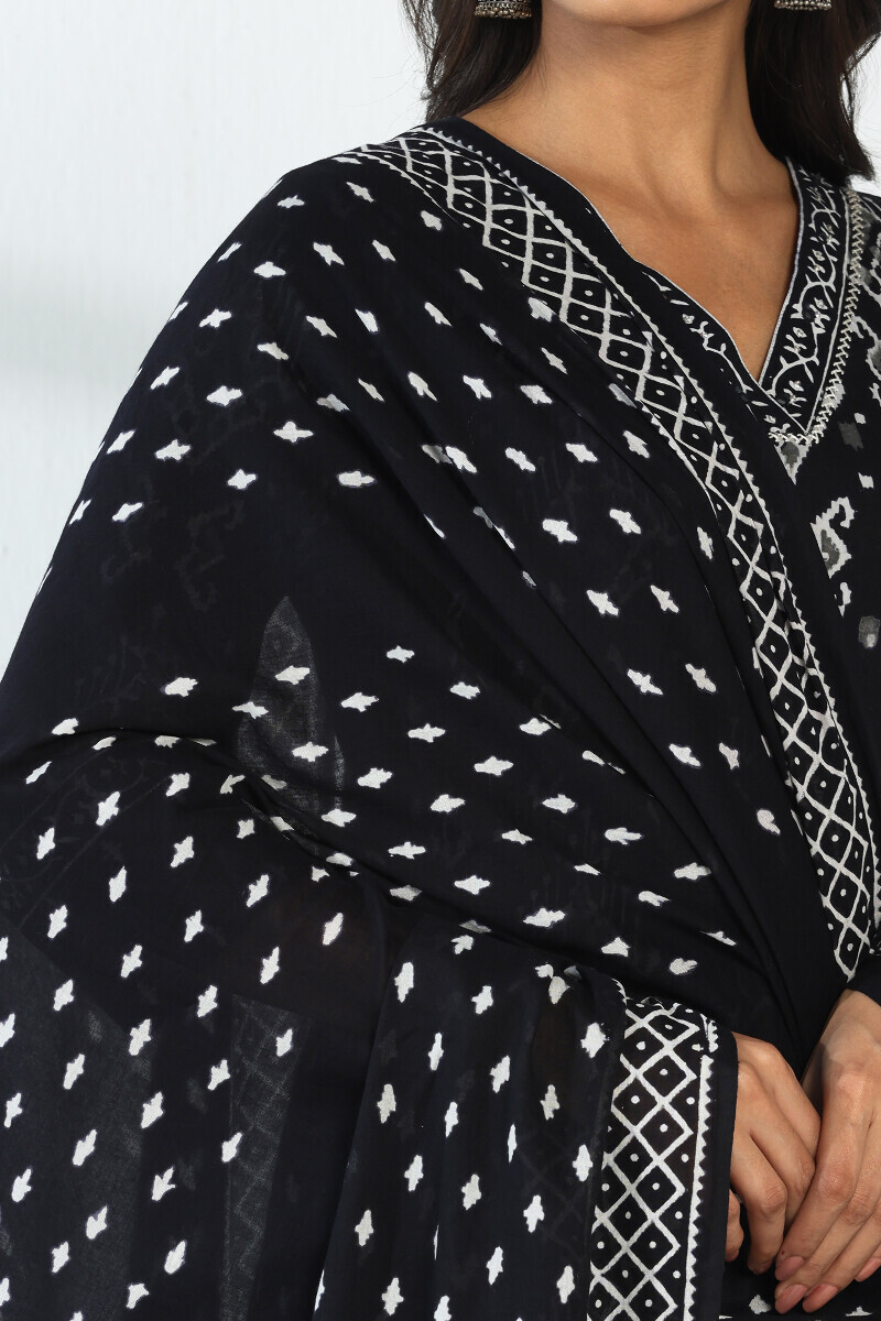 Black Hand Block Printed Cotton Mul Dupatta