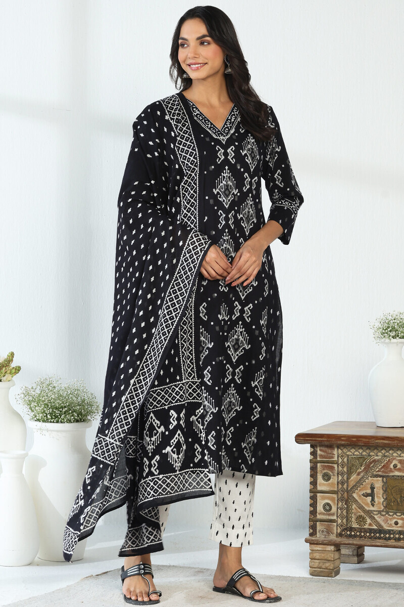 Black Hand Block Printed Cotton Mul Dupatta