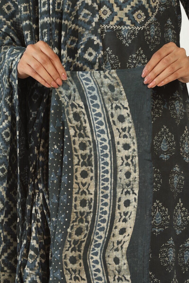 Indigo Hand Block Printed Kota Dupatta