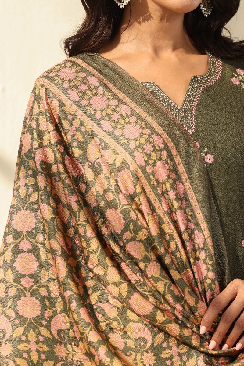 Green Printed Paschmina Cotton Dupatta