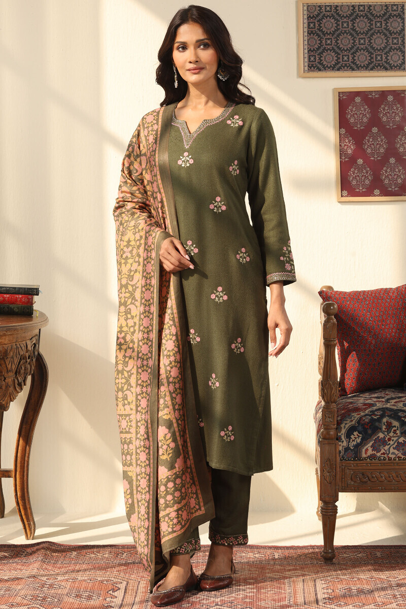 Green Printed Paschmina Cotton Dupatta