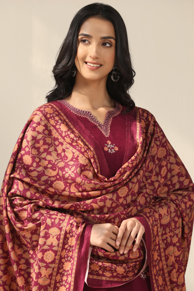 Purple Printed Paschmina Cotton Dupatta