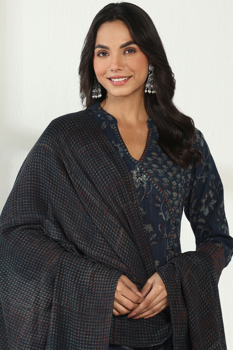 Indigo Hand Block Printed Kota Dupatta