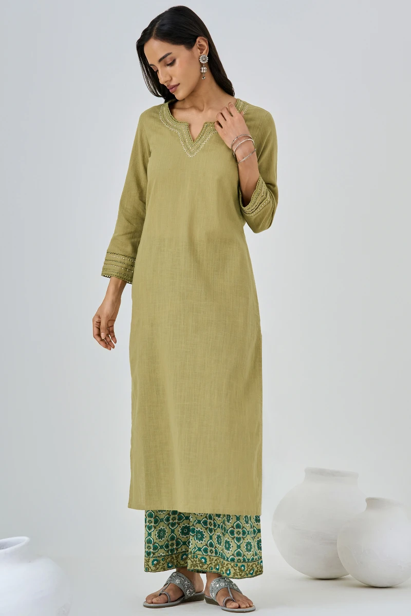 Green Hand Printed Cotton Dobby Farsi