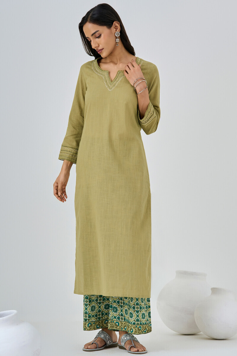 Green Hand Printed Cotton Dobby Farsi