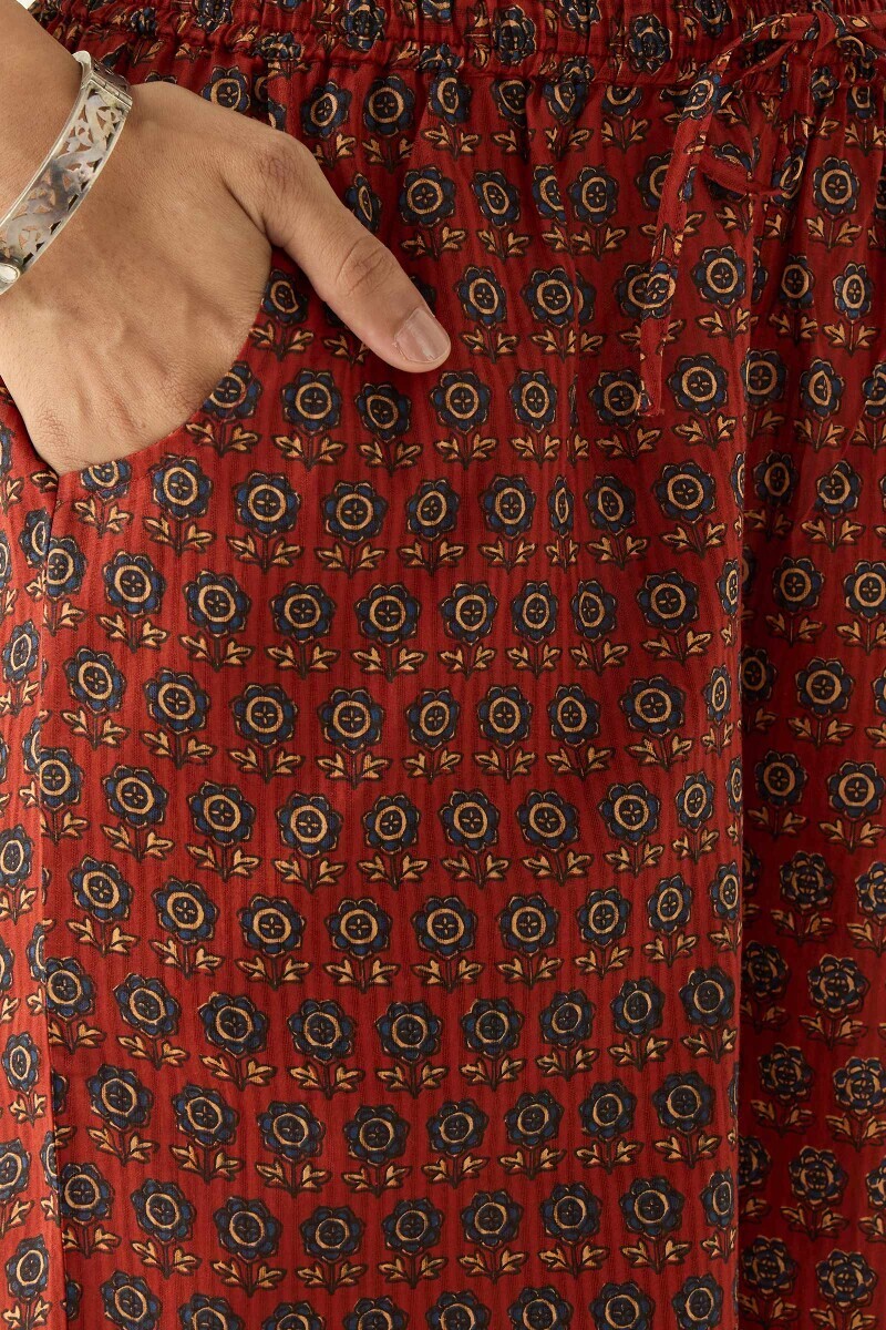 Maroon Hand Printed Cotton Dobby Farsi