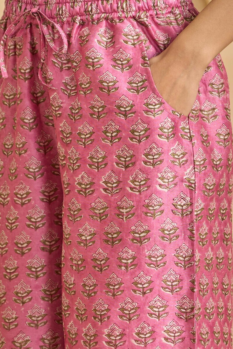 Pink Hand Block Printed Chanderi Farsi