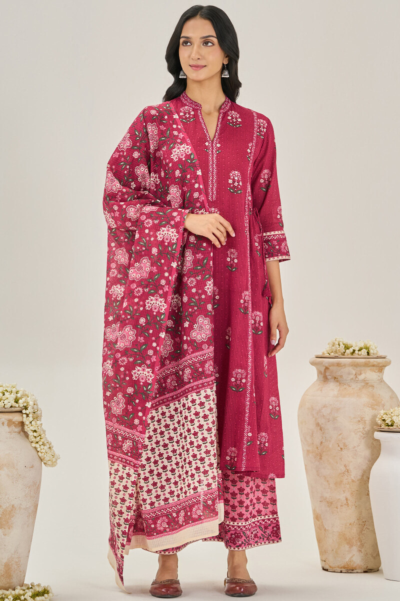 Pink Hand Printed Cotton Dobby Farsi