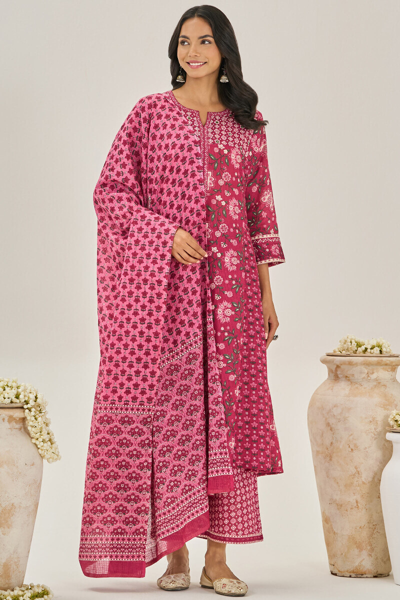 Pink Hand Printed Cotton Dobby Farsi