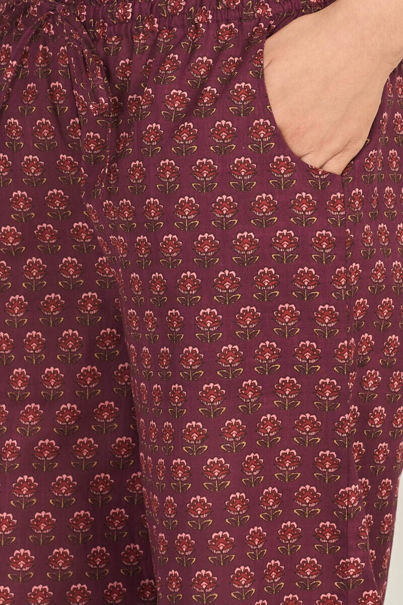 Purple Hand Printed Cotton Slub Farsi