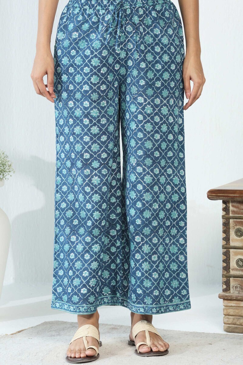 Blue Hand Block Printed Cotton Slub Farsi