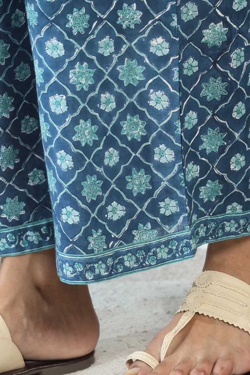 Blue Hand Block Printed Cotton Slub Farsi