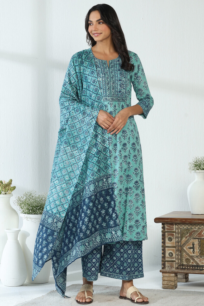 Blue Hand Block Printed Cotton Slub Farsi