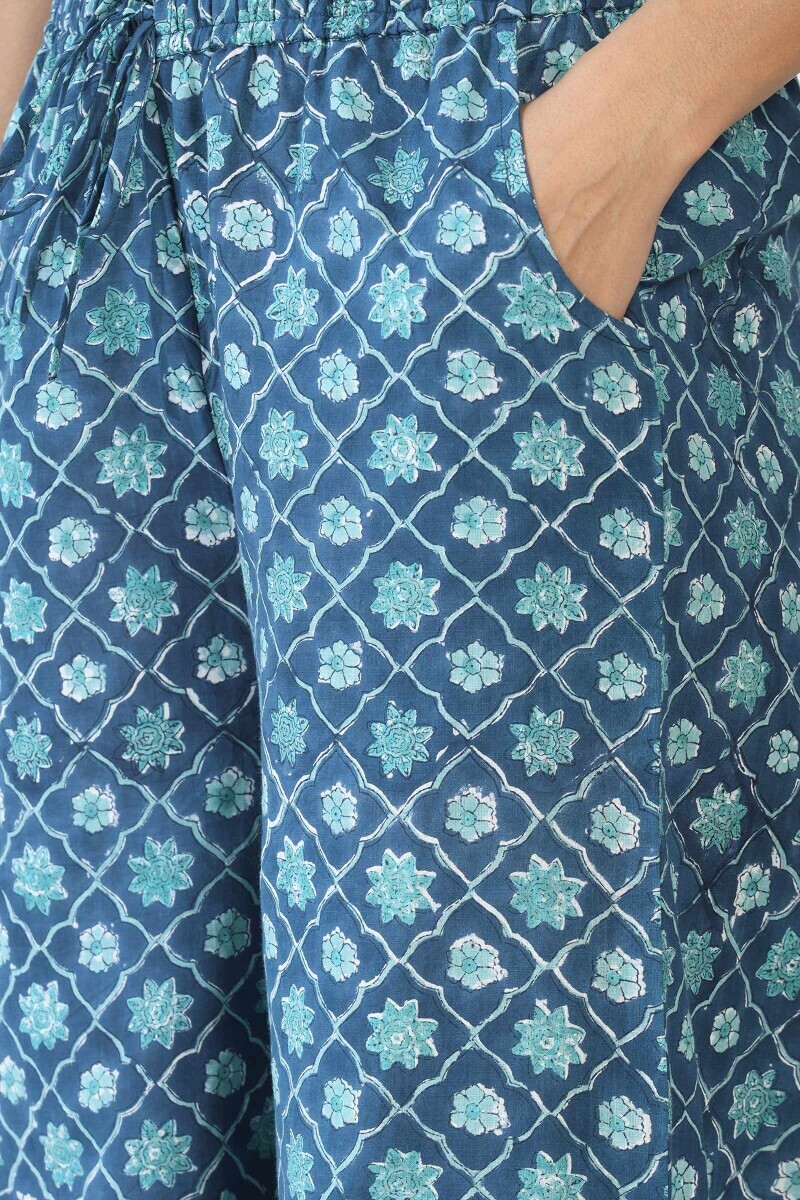 Blue Hand Block Printed Cotton Slub Farsi