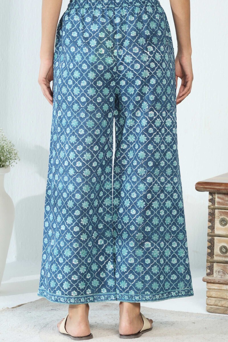 Blue Hand Block Printed Cotton Slub Farsi