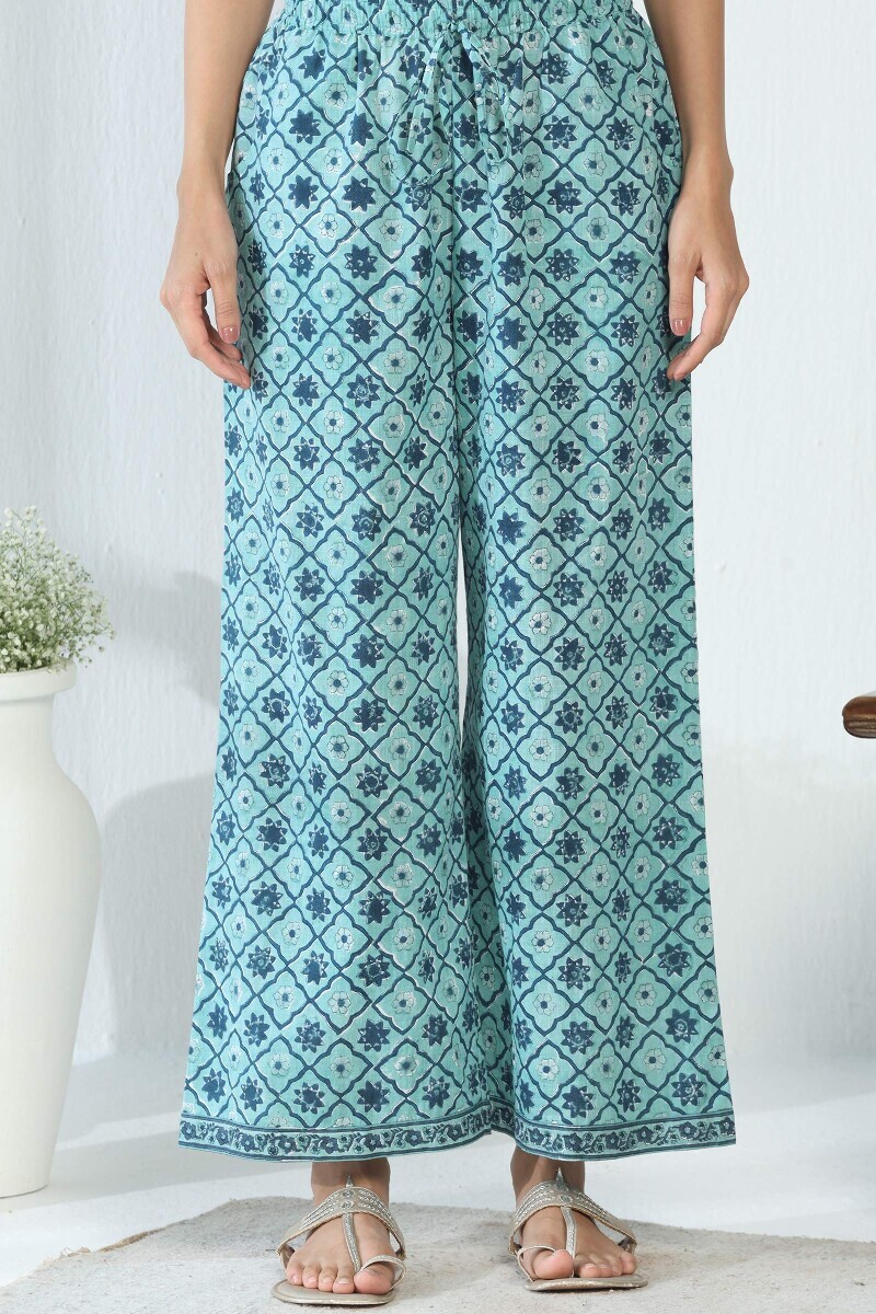 Blue Hand Block Printed Cotton Slub Farsi