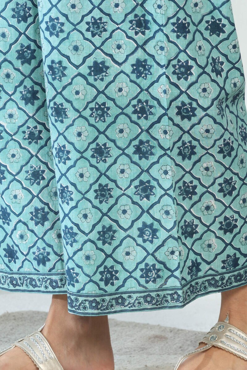 Blue Hand Block Printed Cotton Slub Farsi