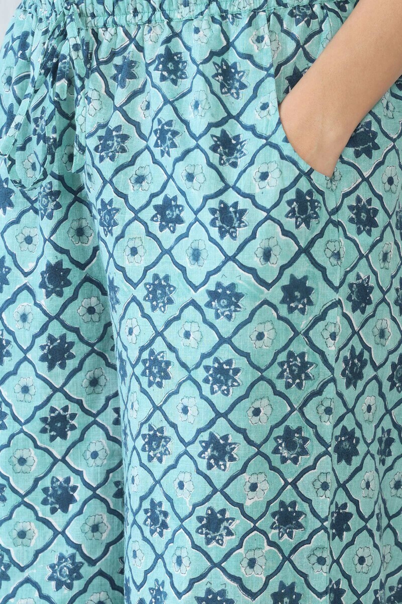 Blue Hand Block Printed Cotton Slub Farsi