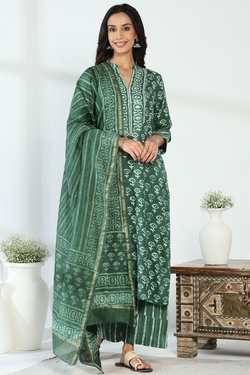 Green Hand Block Printed Viscose Farsi