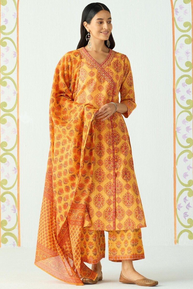 Mustard Hand Printed Cotton Dobby Farsi
