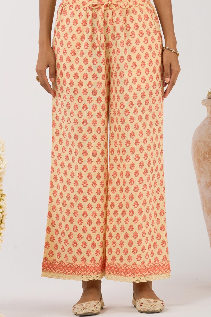 Cream Hand Printed Cotton Slub Farsi