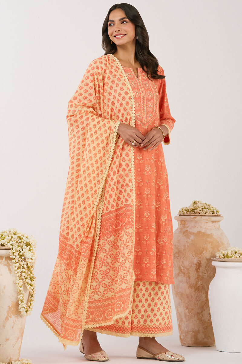 Cream Hand Printed Cotton Slub Farsi