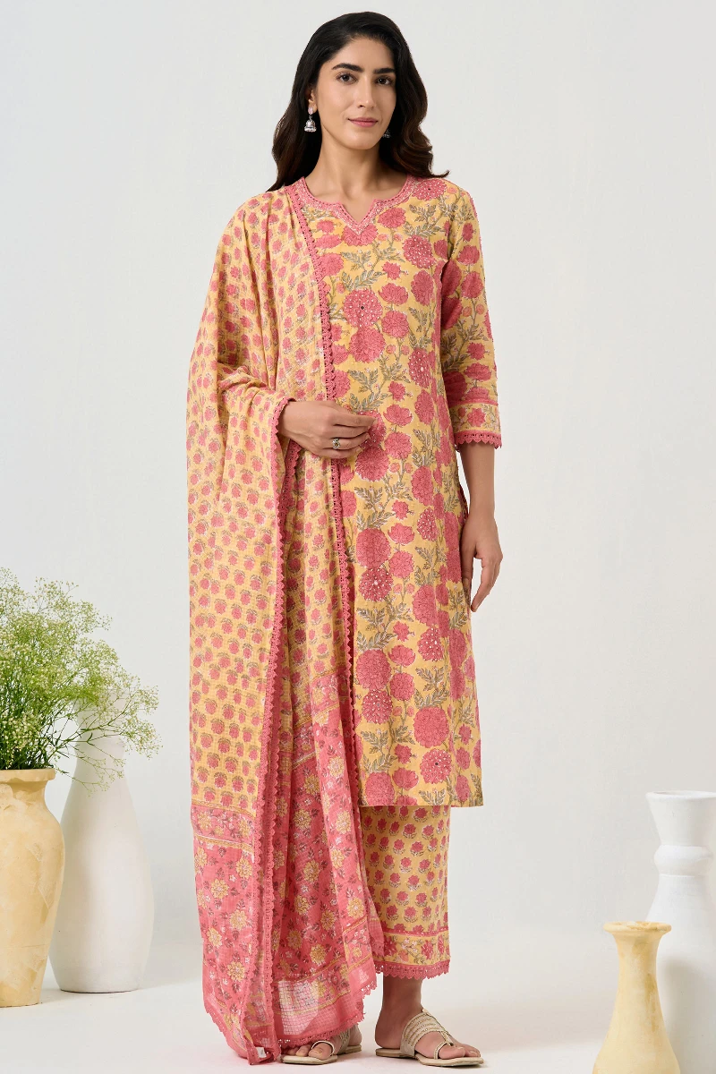 Yellow Hand Block Printed Ram Buta Farsi