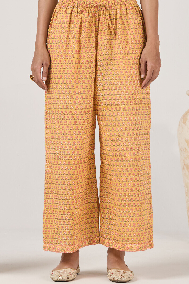 Yellow Hand Block Printed Cotton Slub Farsi