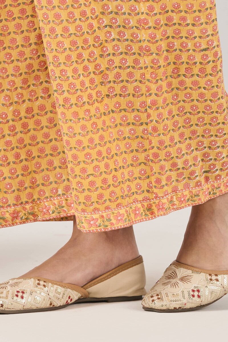 Yellow Hand Block Printed Cotton Slub Farsi