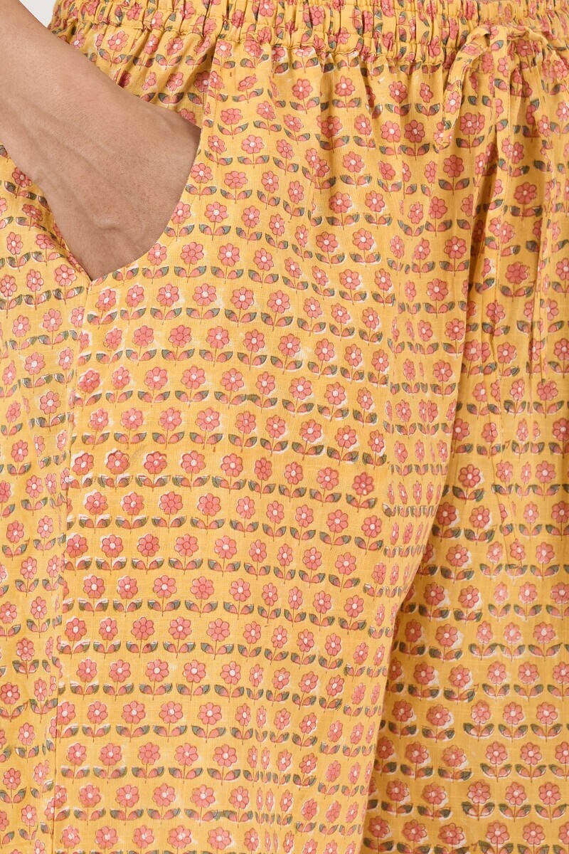 Yellow Hand Block Printed Cotton Slub Farsi