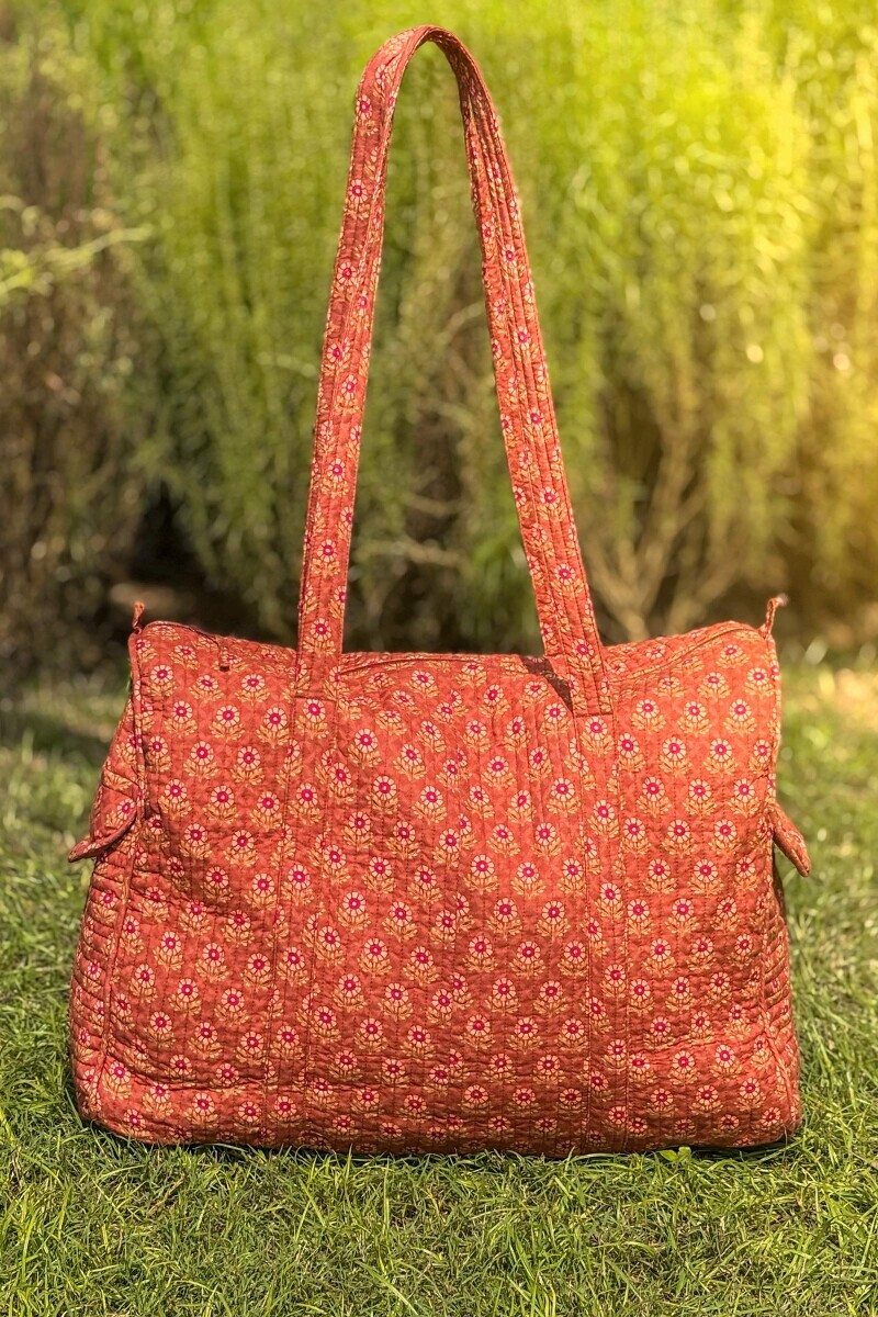 Brown Hand Block Printed Cotton Holdall Bag